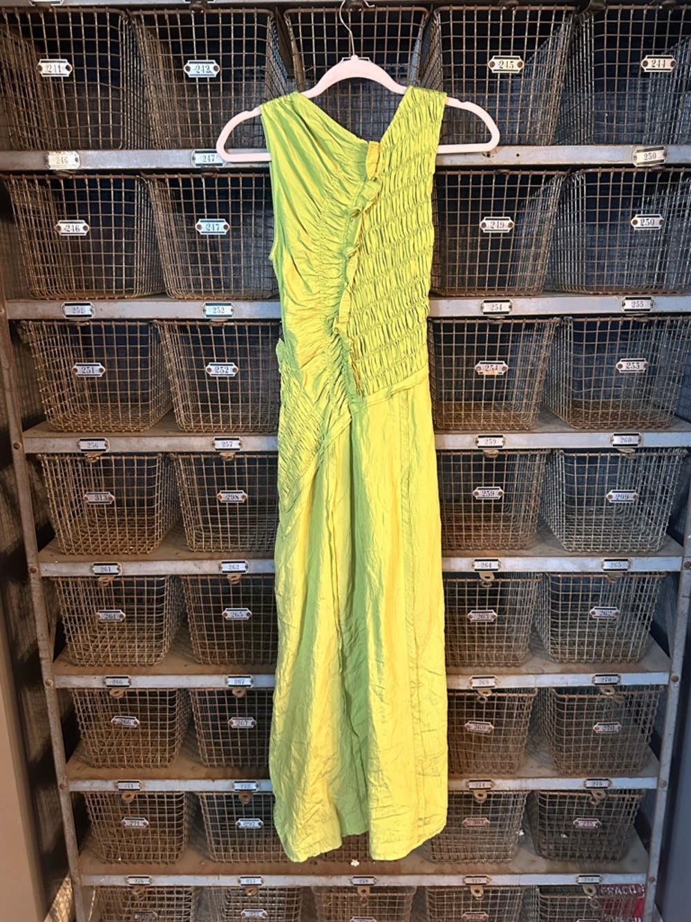 Anthropologie Lime Green Asymmetrical Smocked Bodice Midi Dress 38544 - Picture 8 of 12